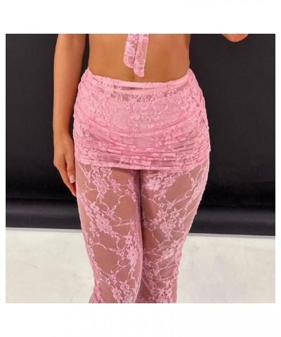 Women Y2K Lace See Through Pants Ruffle Layered Low Waist Tulle Pants Slim Fit Bell Bottom Flared Trousers C-pink Skinny $11....