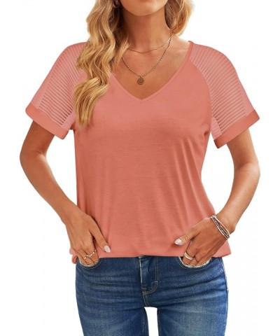 Casual V Neck T Shirts for Women Mesh Short Sleeve Dressy Tops Coral $16.79 T-Shirts