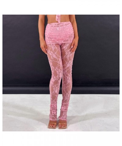 Women Y2K Lace See Through Pants Ruffle Layered Low Waist Tulle Pants Slim Fit Bell Bottom Flared Trousers C-pink Skinny $11....