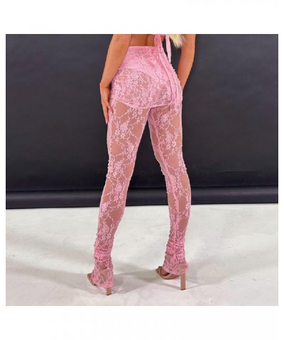 Women Y2K Lace See Through Pants Ruffle Layered Low Waist Tulle Pants Slim Fit Bell Bottom Flared Trousers C-pink Skinny $11....