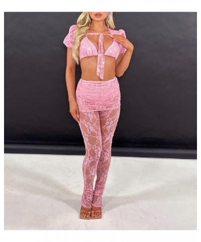 Women Y2K Lace See Through Pants Ruffle Layered Low Waist Tulle Pants Slim Fit Bell Bottom Flared Trousers C-pink Skinny $11....