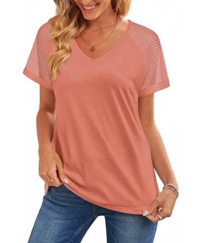 Casual V Neck T Shirts for Women Mesh Short Sleeve Dressy Tops Coral $16.79 T-Shirts