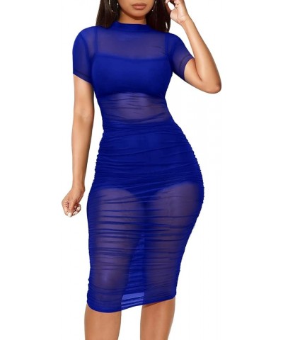 Women's Rhinestone Mesh Fishnet Bodycon Club Dress See Through Beach Swimwear Bikini Cover Up 2 Blue( 3 Piece: Dress+vest+sho...