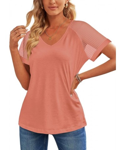 Casual V Neck T Shirts for Women Mesh Short Sleeve Dressy Tops Coral $16.79 T-Shirts