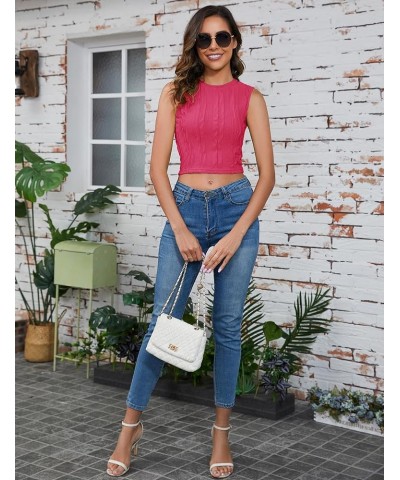 Women's Sleeveless Textured Tank Tops Crew/Mock Neck Slim Fitted Crop Tops Basic Summer Tops Crew Neck-rose Red $10.79 Tanks