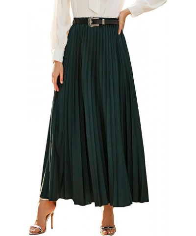 Women's Pleated Elegant Maxi Skirt Belted High Waist Loose Fit Casual Skirts Dark Green $22.88 Skirts