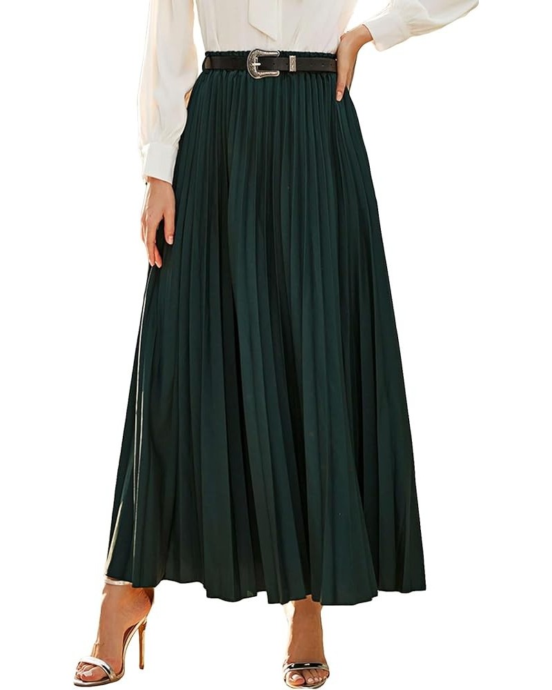 Women's Pleated Elegant Maxi Skirt Belted High Waist Loose Fit Casual Skirts Dark Green $22.88 Skirts