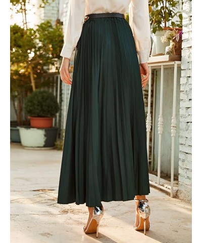 Women's Pleated Elegant Maxi Skirt Belted High Waist Loose Fit Casual Skirts Dark Green $22.88 Skirts