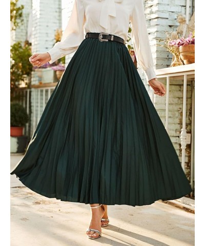 Women's Pleated Elegant Maxi Skirt Belted High Waist Loose Fit Casual Skirts Dark Green $22.88 Skirts