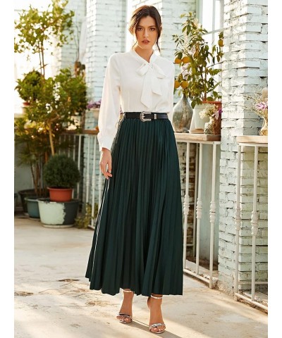 Women's Pleated Elegant Maxi Skirt Belted High Waist Loose Fit Casual Skirts Dark Green $22.88 Skirts