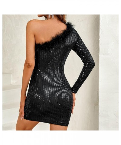 Women Sequin One-Shoulder Long Sleeve Bodycon Dress Fur-Trimmed Sparkly Evening Party Cocktail Dresses A-black $18.45 Dresses