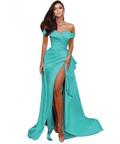 Women's Off The Shoulder Prom Dresses Long Satin Ball Gown with Slit Evening Formal Dress Turquoise $38.99 Dresses