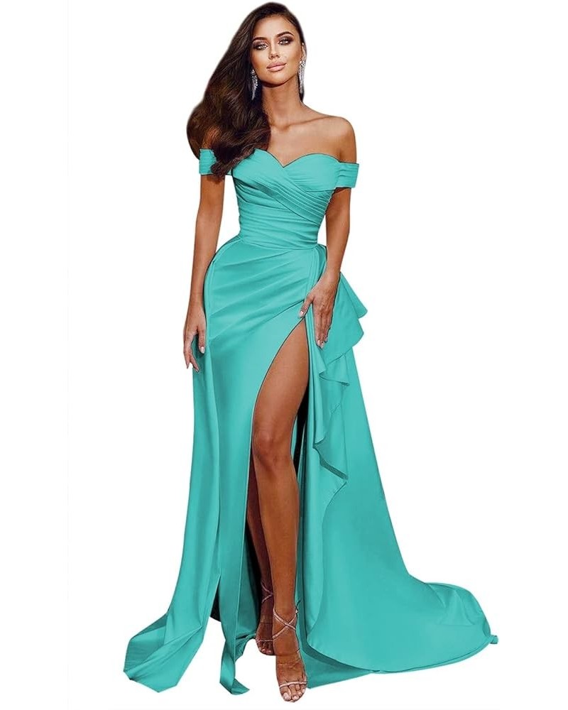 Women's Off The Shoulder Prom Dresses Long Satin Ball Gown with Slit Evening Formal Dress Turquoise $38.99 Dresses