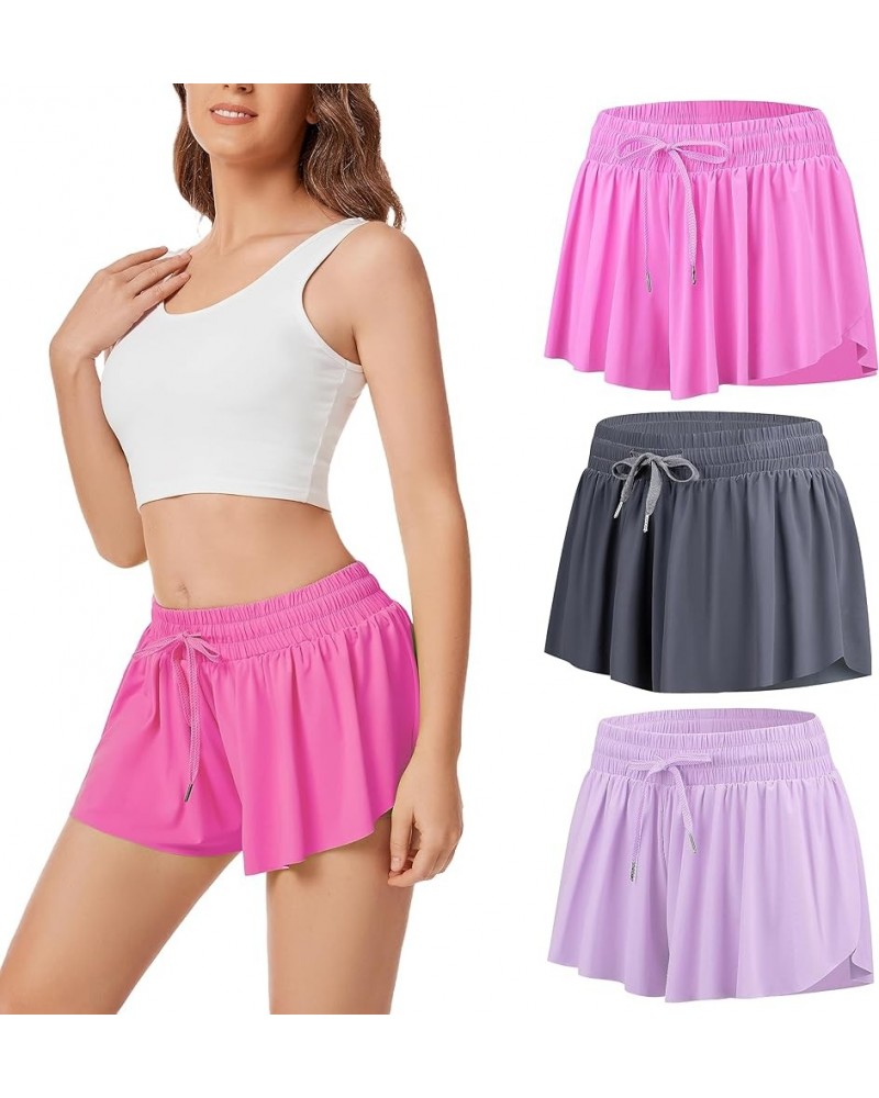 Womens 3 Pack Athletic Running Shorts with Inner Pockets Spandex Liner High Waist 2 in 1 Gym Skort Skirt Hot Pink Grey Light ...