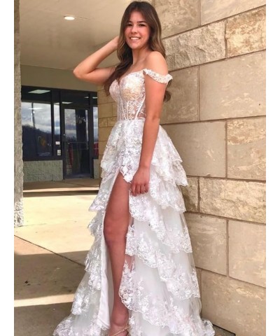 Tiered Lace 2024 Prom Dresses Long Sequin A Line Evening Dresses with Slit Off Shoulder Formal Gowns for Women Teal $39.60 Dr...