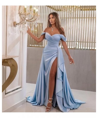 Women's Off The Shoulder Prom Dresses Long Satin Ball Gown with Slit Evening Formal Dress Turquoise $38.99 Dresses