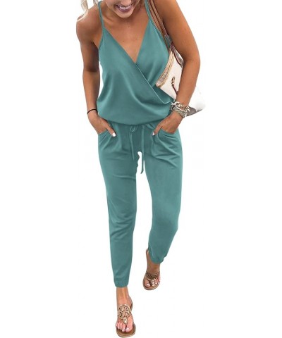 Women's Summer Casual Jumpsuits Wrap V Neck Sleeveless One Piece Pants Romper with Pockets Light Green $24.93 Jumpsuits