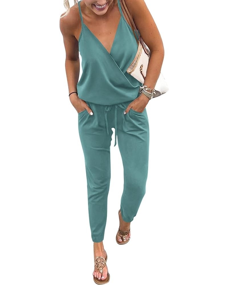 Women's Summer Casual Jumpsuits Wrap V Neck Sleeveless One Piece Pants Romper with Pockets Light Green $24.93 Jumpsuits