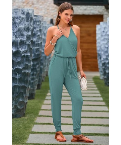 Women's Summer Casual Jumpsuits Wrap V Neck Sleeveless One Piece Pants Romper with Pockets Light Green $24.93 Jumpsuits