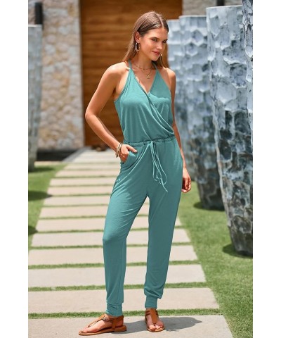 Women's Summer Casual Jumpsuits Wrap V Neck Sleeveless One Piece Pants Romper with Pockets Light Green $24.93 Jumpsuits