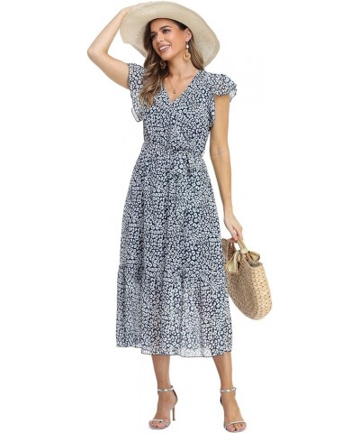 Women's Floral Summer Dress Casual Wrap V Neck Boho Dresses Ruffle Cap Sleeveless Belt A-Line Pleated Hem Midi Dress Floral 1...