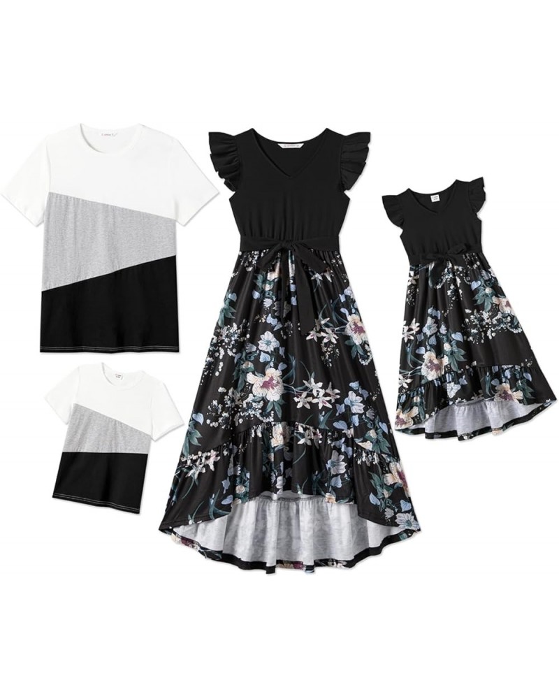 Matching Family Outfits Mother and Daughter Matching Floral Print Ruffle Cuffs Dresses and Short-Sleeve T-Shirts Set Women Bl...