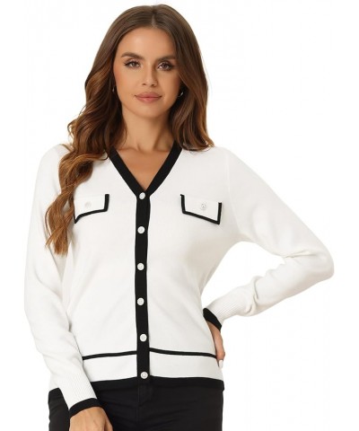 Women's Button Knit Cardigan Contrast Color 2023 Fashion V Neck Long Sleeve Cardigan Sweater White $22.54 Sweaters