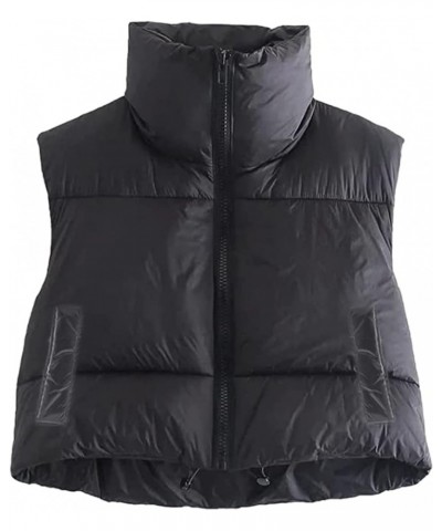 Women Winter Full Zipper Sleeveless Puffer Crop Stand Collar Padded Gilet Coat Lightweight Outwear Vest Z Fashion Black $12.3...