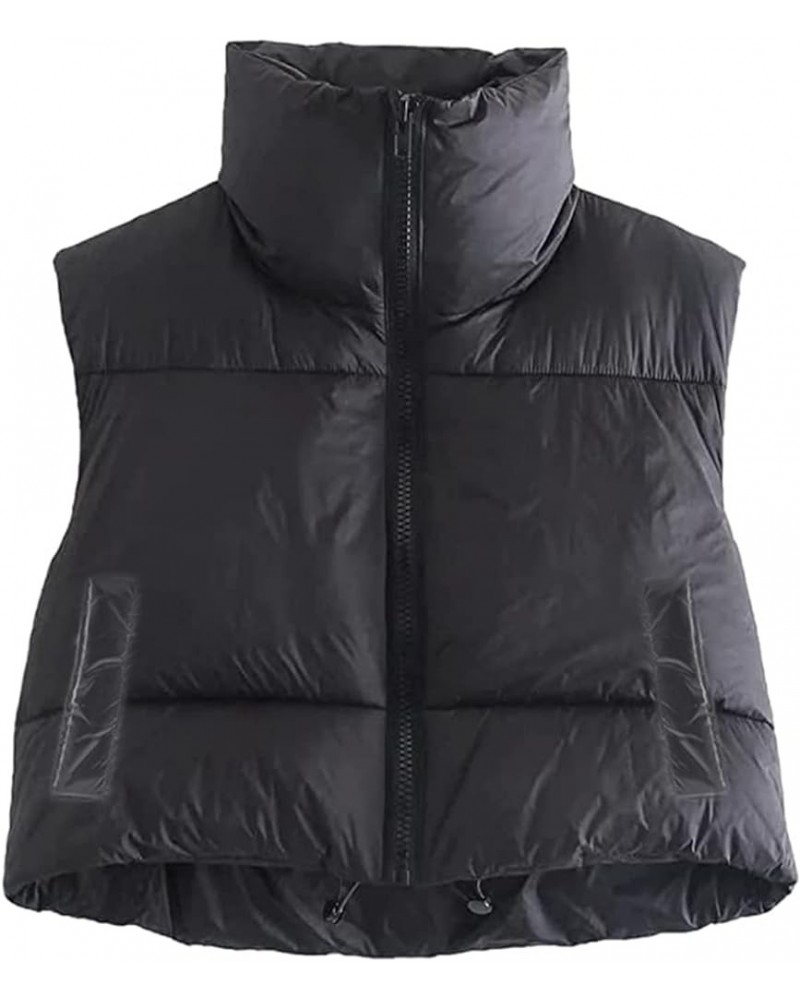 Women Winter Full Zipper Sleeveless Puffer Crop Stand Collar Padded Gilet Coat Lightweight Outwear Vest Z Fashion Black $12.3...