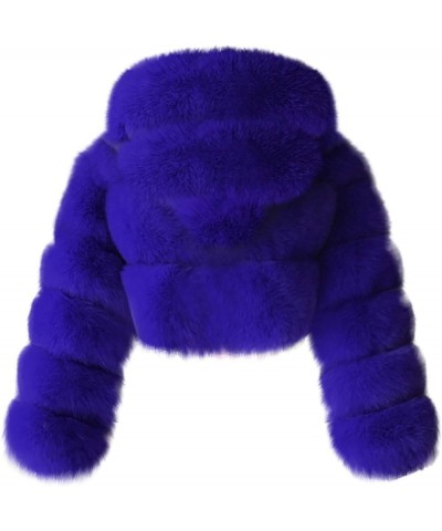 Women's Faux Fur Jacket Casual Fashion Cropped Coat Fluffy Shaggy Solid Outerwear Winter Warm Hooded Cardigan Blue $23.97 Coats