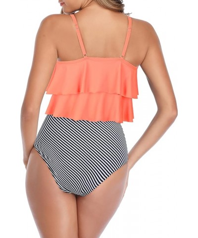 High Waisted Tankini Swimsuits for Women Flounce Top Tummy Control Bathing Suits Slimming Swimwear 10 Orange-white Striped $1...