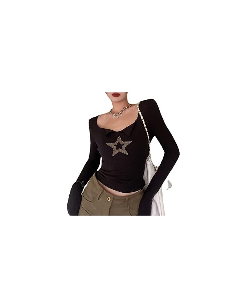 Y2k Harajuku T Shirt Women Long Sleeve Star Grunge Aesthetic Vintage T Shirt American Retro Y2k Crop Tops Black $13.92 T-Shirts