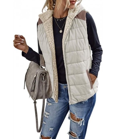 Womens Sherpa Fleece Full Zip Reversible Vest Warm Color Block Hoodie Outwear with Pocket Beige $23.39 Vests