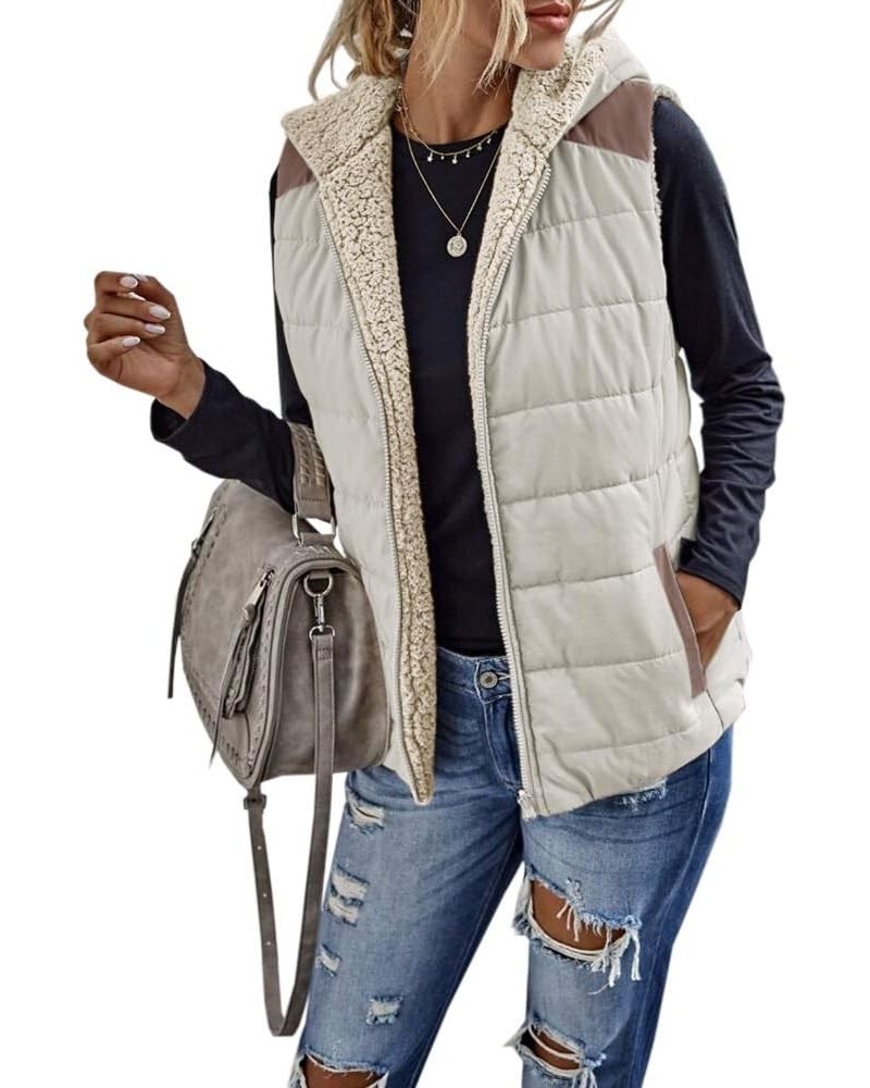 Womens Sherpa Fleece Full Zip Reversible Vest Warm Color Block Hoodie Outwear with Pocket Beige $23.39 Vests