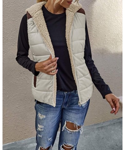 Womens Sherpa Fleece Full Zip Reversible Vest Warm Color Block Hoodie Outwear with Pocket Beige $23.39 Vests