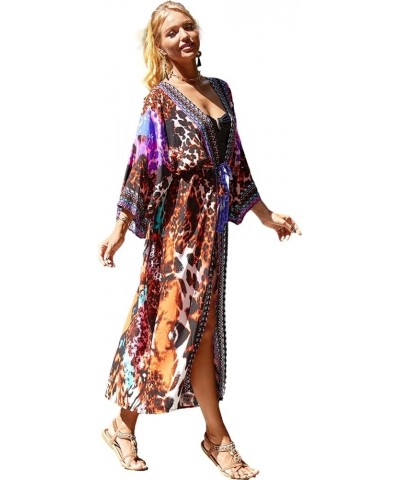 Womenloose Kimono Duster Beach Blouse Long Beach Kimono Robe Cover ups Kimonos for Women C-print4 $18.80 Swimsuits