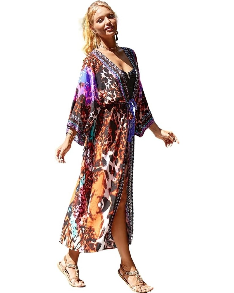 Womenloose Kimono Duster Beach Blouse Long Beach Kimono Robe Cover ups Kimonos for Women C-print4 $18.80 Swimsuits