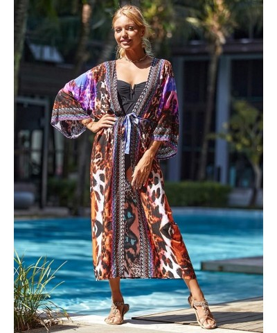 Womenloose Kimono Duster Beach Blouse Long Beach Kimono Robe Cover ups Kimonos for Women C-print4 $18.80 Swimsuits