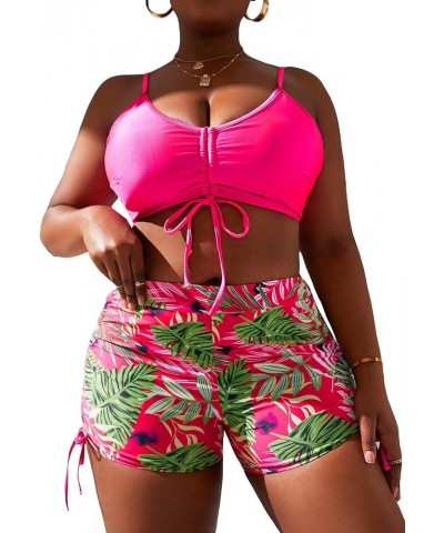 Women's Plus Size 2 Piece Swimsuit Tropical Print Drawstring Push Up Bikini Shorts Bathing Suits Hot Pink $20.64 Swimsuits