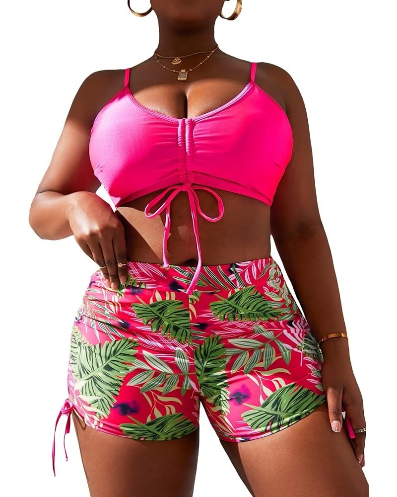 Women's Plus Size 2 Piece Swimsuit Tropical Print Drawstring Push Up Bikini Shorts Bathing Suits Hot Pink $20.64 Swimsuits