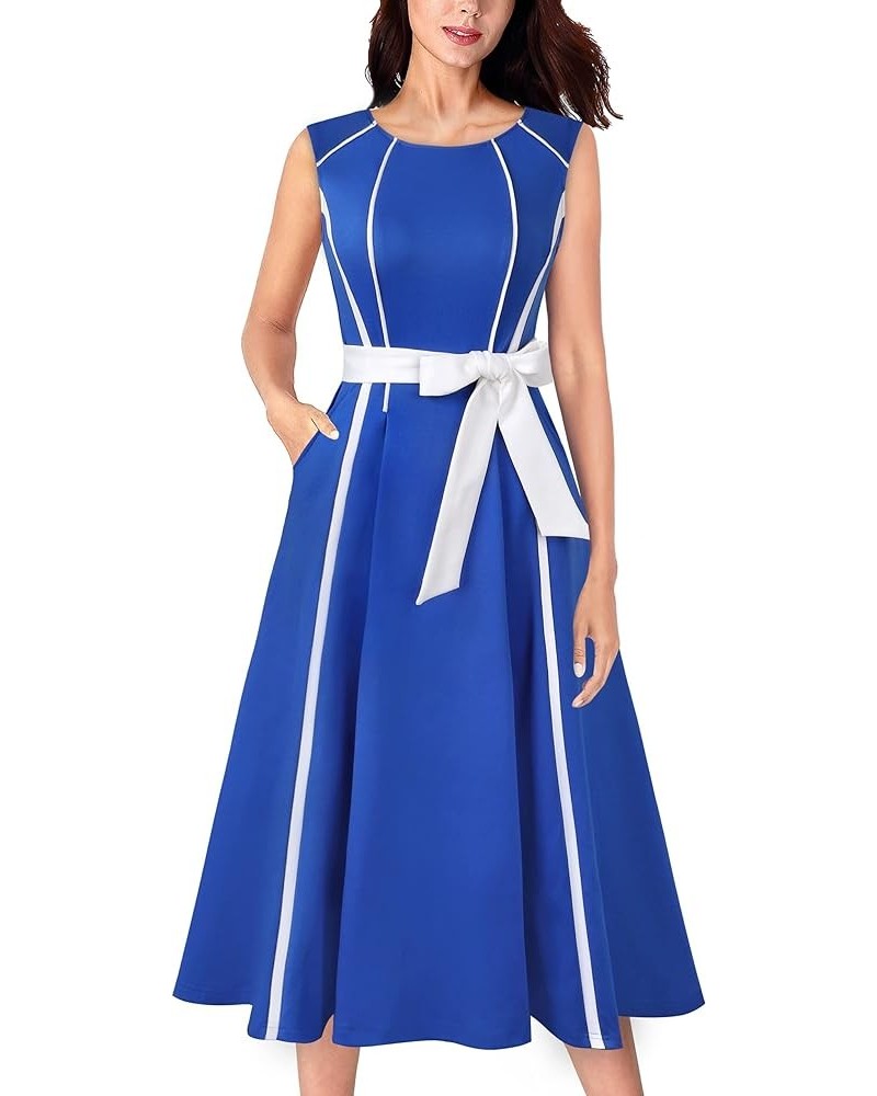 Womens Elegant Pockets Belted Work Office Business Party A-Line Midi Dress Royal Blue and White-3 $27.53 Dresses