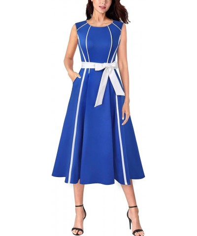 Womens Elegant Pockets Belted Work Office Business Party A-Line Midi Dress Royal Blue and White-3 $27.53 Dresses