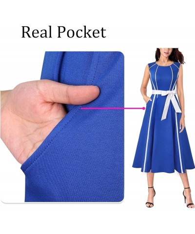 Womens Elegant Pockets Belted Work Office Business Party A-Line Midi Dress Royal Blue and White-3 $27.53 Dresses