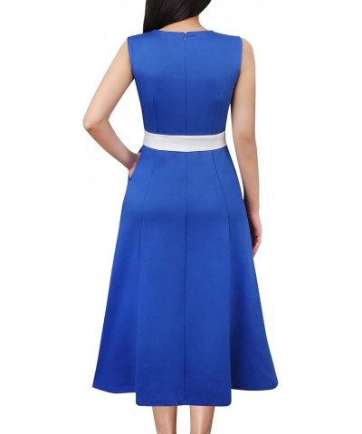 Womens Elegant Pockets Belted Work Office Business Party A-Line Midi Dress Royal Blue and White-3 $27.53 Dresses