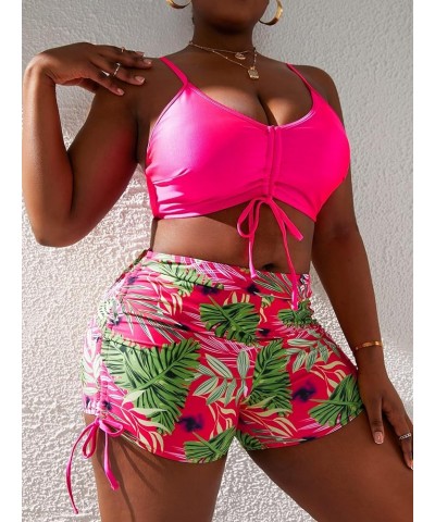 Women's Plus Size 2 Piece Swimsuit Tropical Print Drawstring Push Up Bikini Shorts Bathing Suits Hot Pink $20.64 Swimsuits