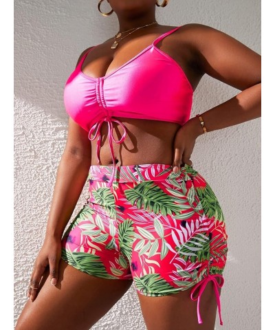 Women's Plus Size 2 Piece Swimsuit Tropical Print Drawstring Push Up Bikini Shorts Bathing Suits Hot Pink $20.64 Swimsuits