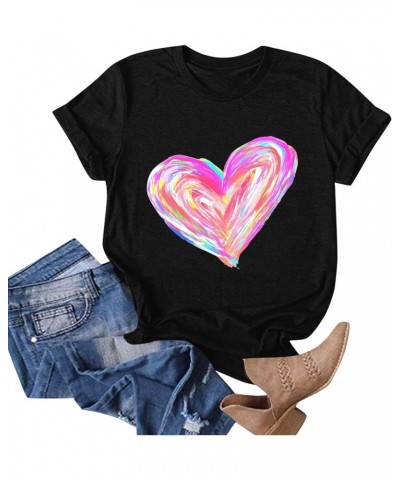 Valentine's Day T-Shirt for Women Cute Love Heart Graphic Short Sleeve Tee Tops Casual Crewneck Funny Tee Shirts I Black $7.0...