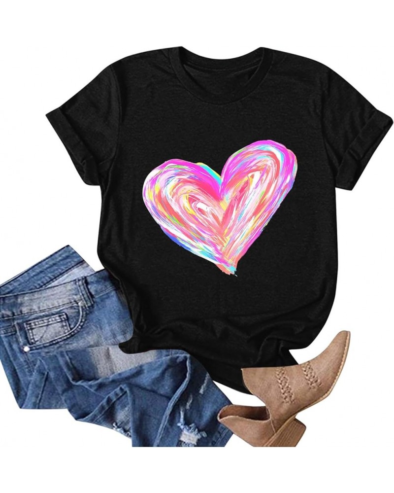 Valentine's Day T-Shirt for Women Cute Love Heart Graphic Short Sleeve Tee Tops Casual Crewneck Funny Tee Shirts I Black $7.0...