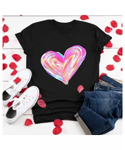 Valentine's Day T-Shirt for Women Cute Love Heart Graphic Short Sleeve Tee Tops Casual Crewneck Funny Tee Shirts I Black $7.0...