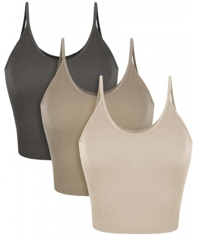 3-Pack V Neck Seamless Crop Tank for Women Ribbed Knit Soft Cropped Camisole Tops Mushroom+taupe+charcoal $9.89 Tanks